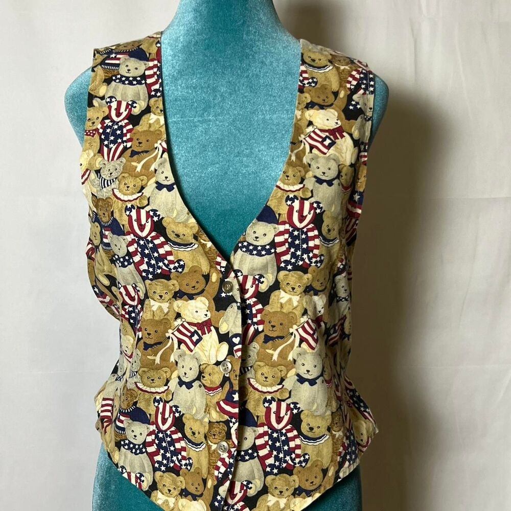 Vintage 90s Jeri Marque‎ Patriotic Teddy Bear Vest S/M